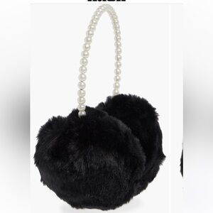 BCBG Black Faux Fur Hat with Pearl Accent